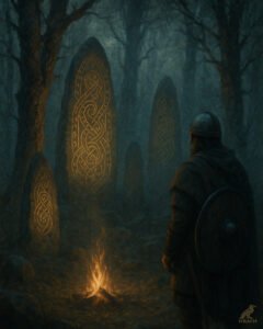 Mehrere aufrecht stehende Runensteine mit leuchtenden Schlangenbändern im Nebelwald, davor ein Wikinger mit Helm und Rundschild am Feuer