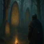 Standing rune stones with glowing interlace carvings in a misty forest, a helmeted Viking with a round shield watching from beside a fire