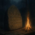 Runenstein mit vier eingeritzten Runenzeilen, daneben ein Lagerfeuer auf Holzplanken im nächtlichen Wald