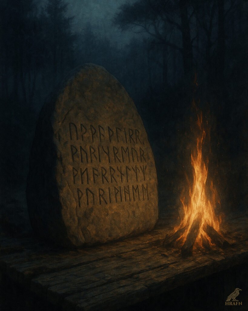 Runenstein mit vier eingeritzten Runenzeilen, daneben ein Lagerfeuer auf Holzplanken im nächtlichen Wald